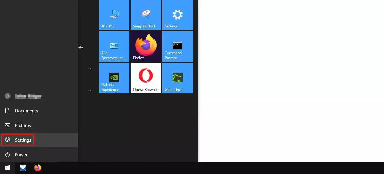 Image: : Windows 10 start menu: “Settings” button