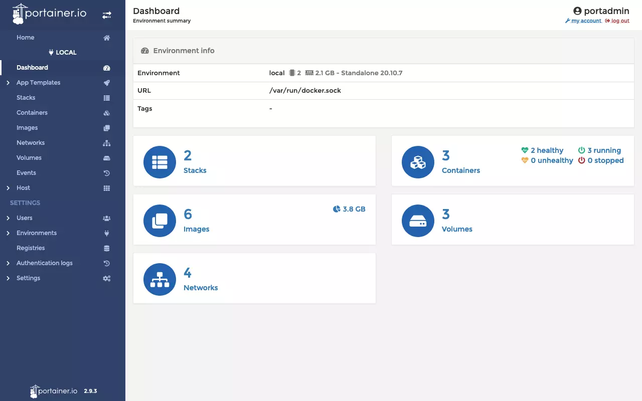 Dashboard of the Portainer web interface.