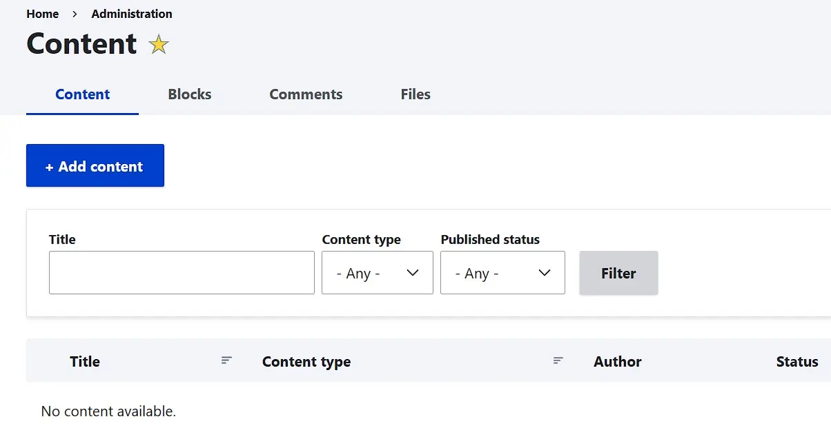 Drupal ‘Content’ menu, allowing you to create a new page Image: Drupal ‘Content’ menu, allowing you to create a new page