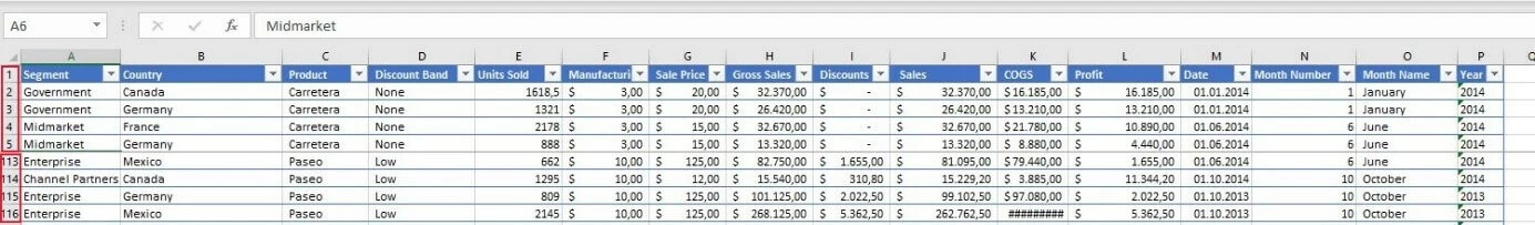 Image: Frozen rows in Excel 2016