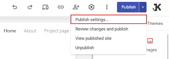 ‘Publish’ menu on Google Sites ‘Publish’ menu on Google Sites
