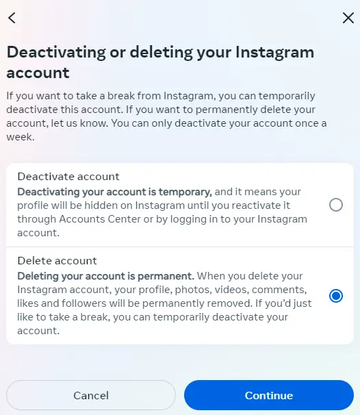 Choose ‘Delete account’ Image: Choose ‘Delete account’