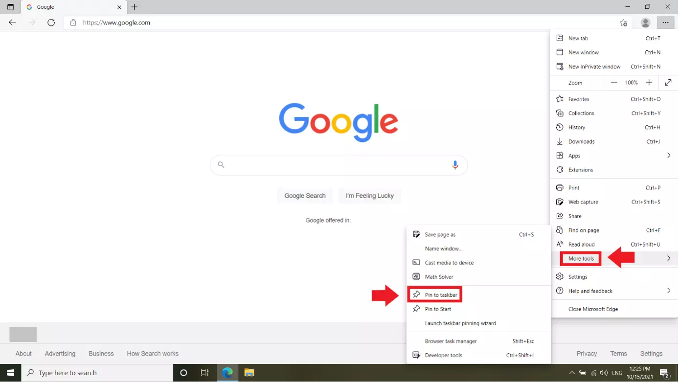 Edge browser menu: 'More Tools', 'Pin to Taskbar'