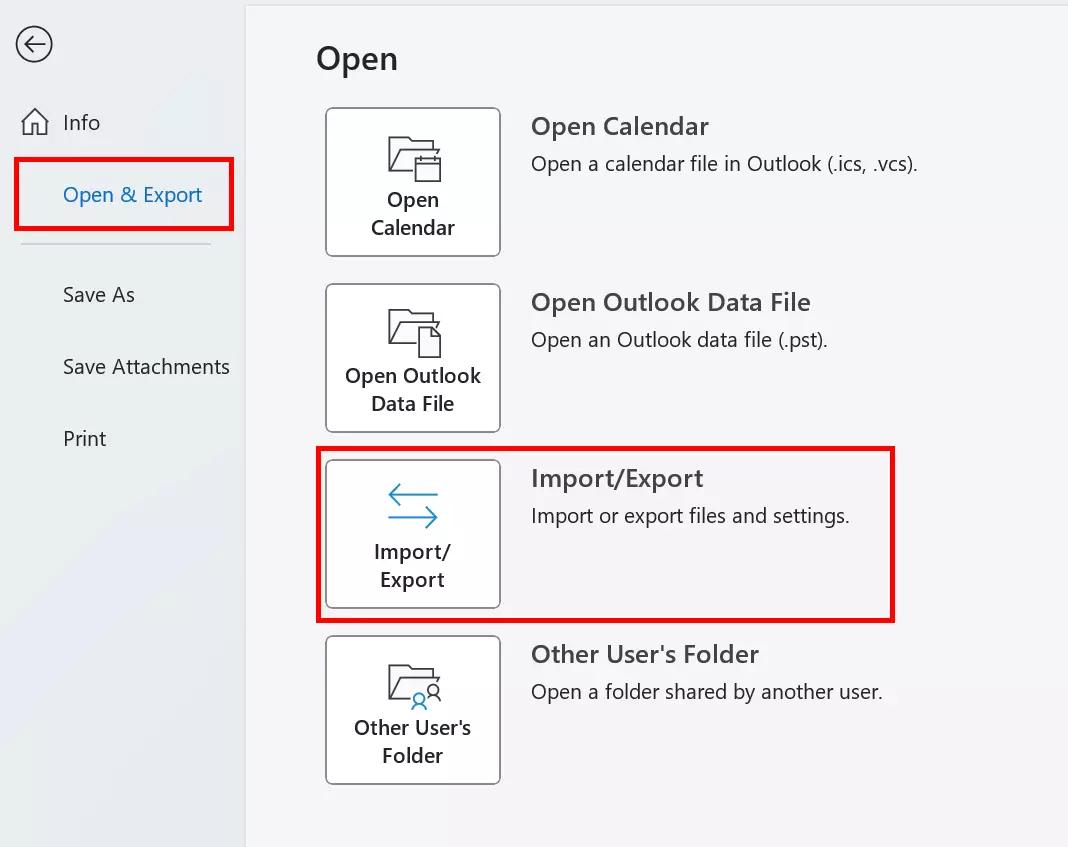 Options in the Open menu of Microsoft Outlook Options in the Open menu of Microsoft Outlook