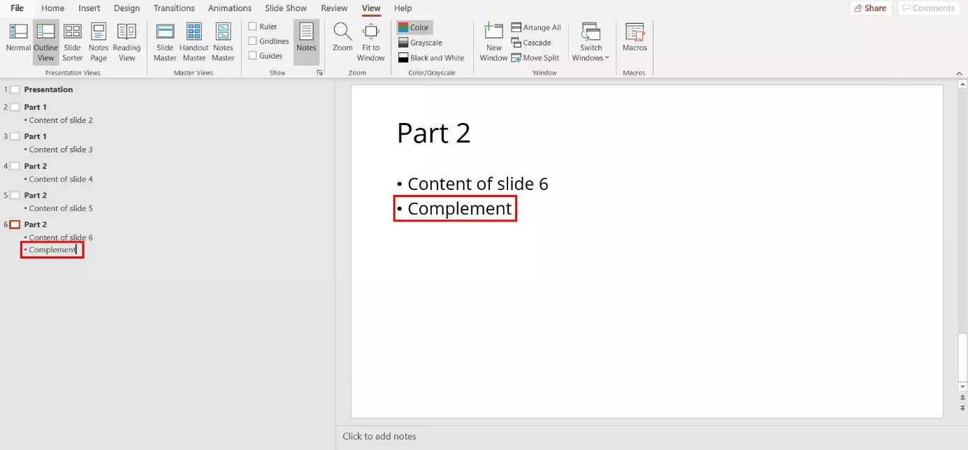 Image: PowerPoint outline view: edit content