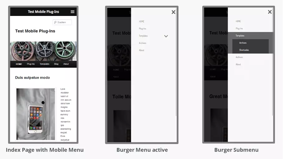 Image: Screenshots of test website with WP Mobile Menu