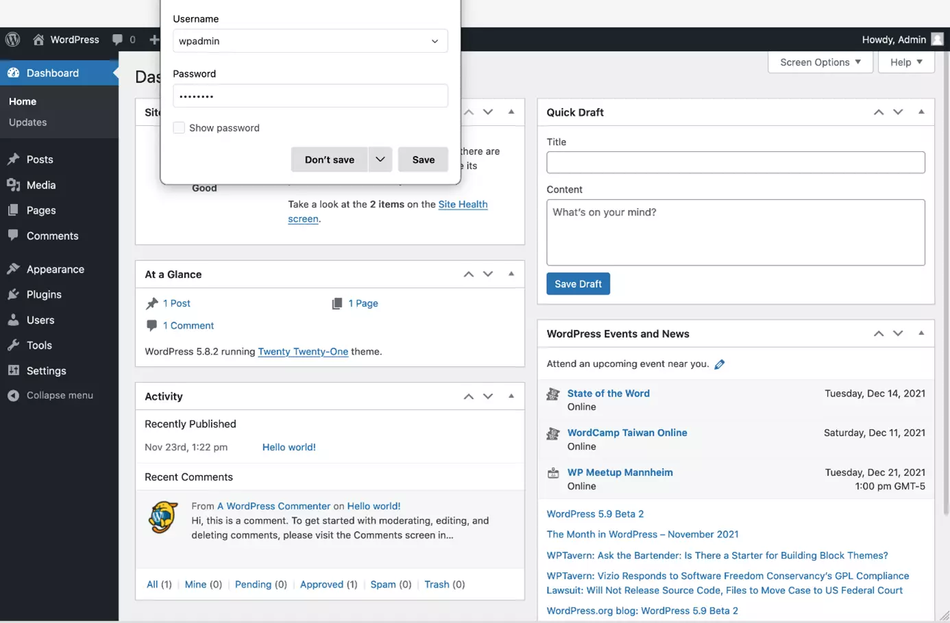 Image: Save credentials for WordPress admin login in Firefox password manager