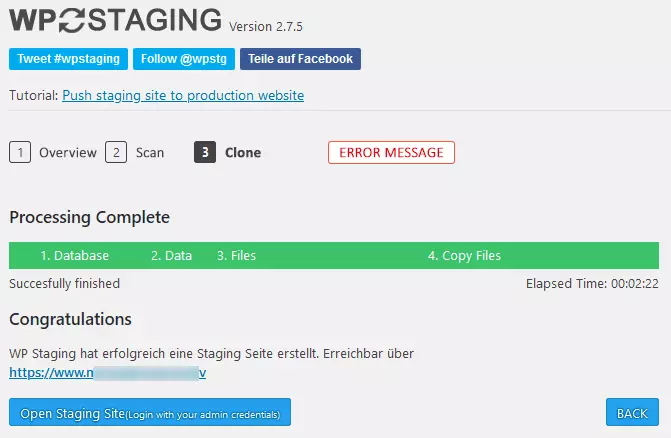 Image: Creating the WordPress test environment with the plugin WP Staging