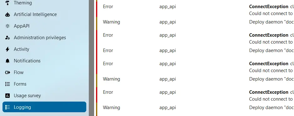 Nextcloud 'Logging' menu Image: Nextcloud 'Logging' menu