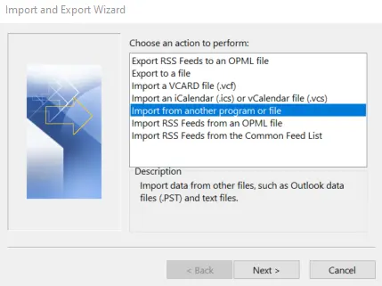 Image: Start menu of the Import and Export Wizard in Outlook 365