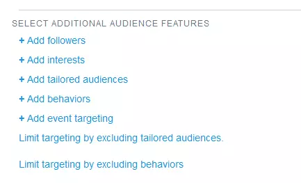 Image: Screenshot of the selection of additional audience features for the setting up of a Twitter Ads campaign