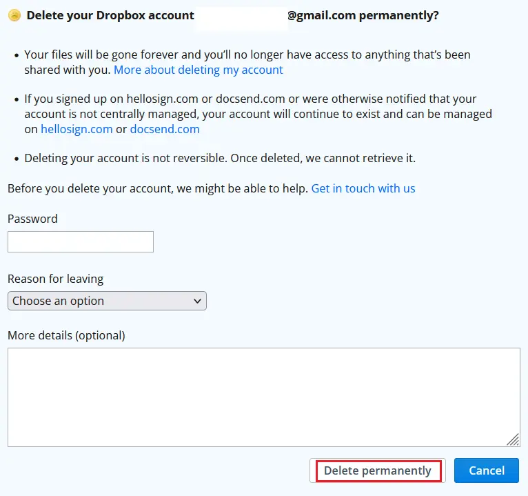 Image: Dialog box: Permanently delete Dropbox account