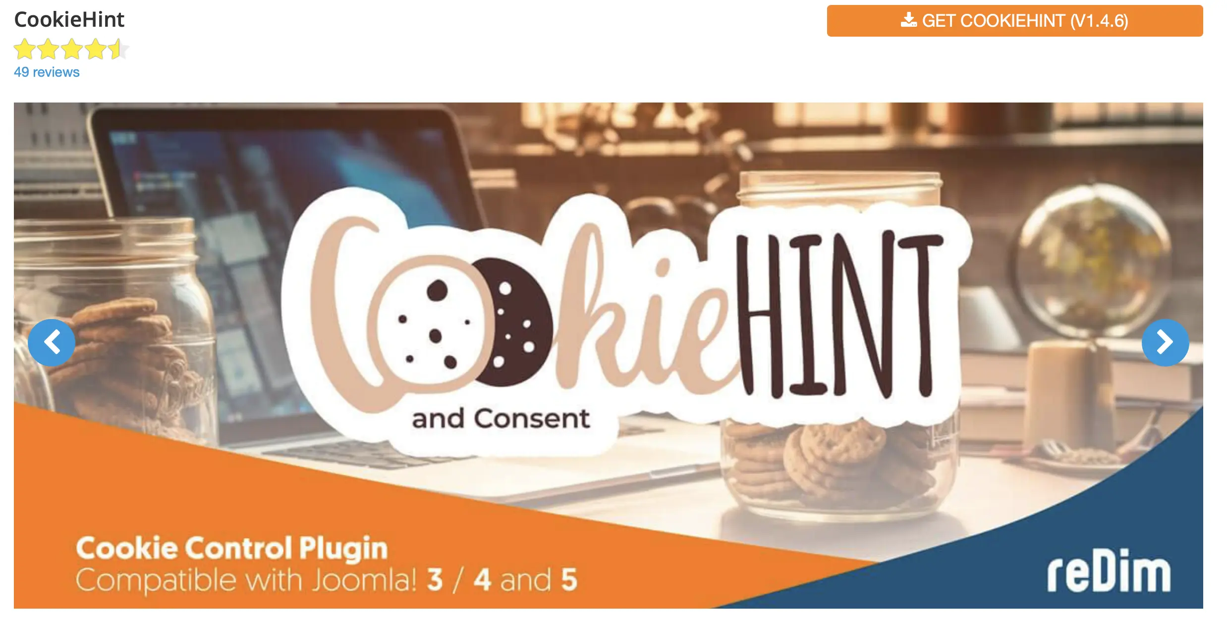 Image: Website screenshot of the Joomla extension CookieHint and Consent