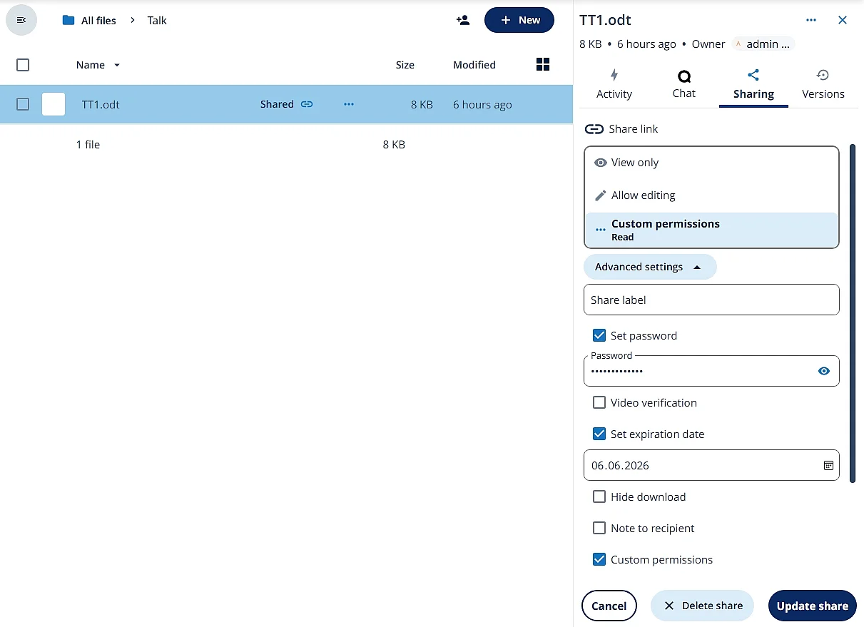 Image: Nextcloud: Setting custom permissions for file sharing
