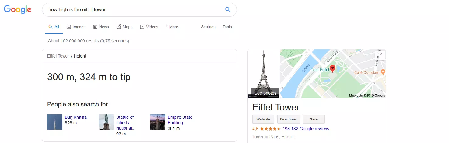 Image: The Knowledge Graph answer box for the question: “How high is the Eiffel Tower?”