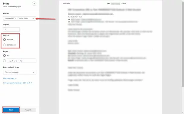 Image: ‘Print’ window in the online version of Outlook