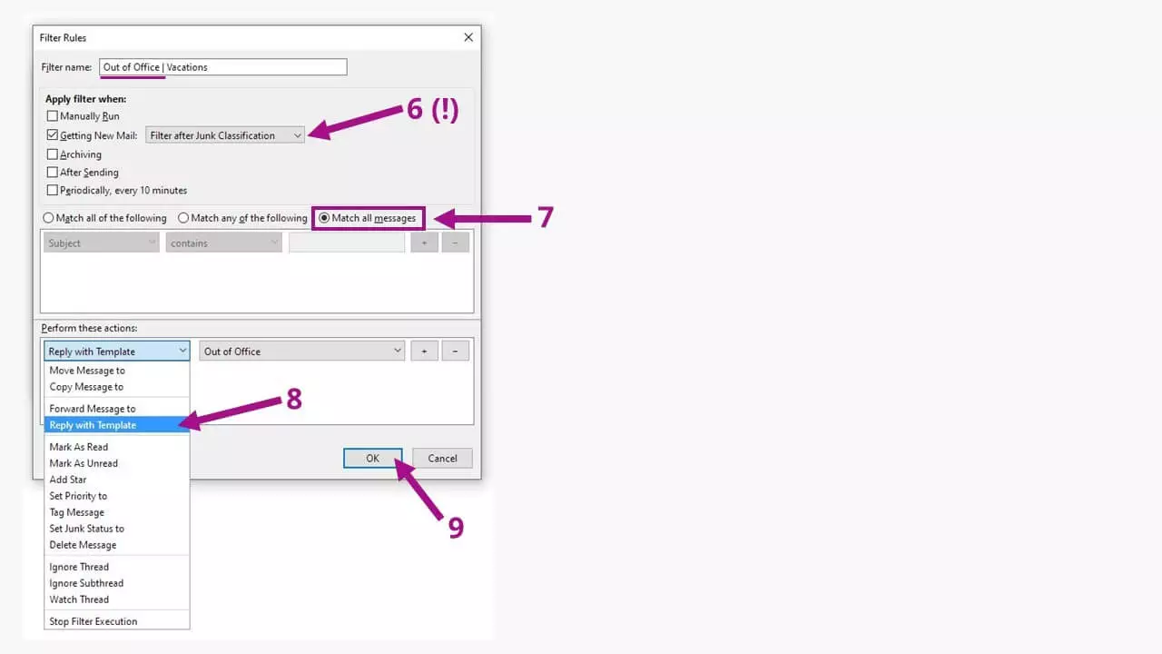Image: Thunderbird out-of-office: configuring the filter in detail