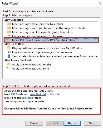 Image: Outlook Rules Wizard: Selecting rules with RSS items