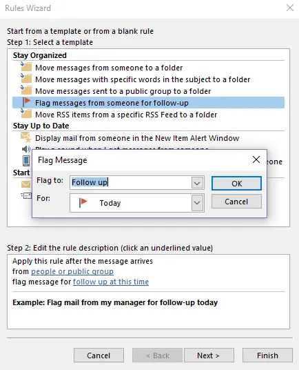 Image: Outlook Rules Wizard: Flagging a message