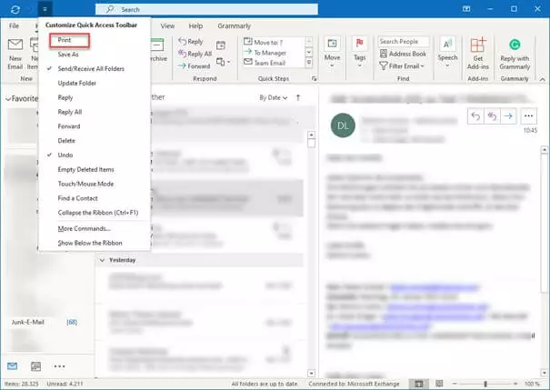 Image: Outlook icon and dialog window ‘Customize quick access toolbar’