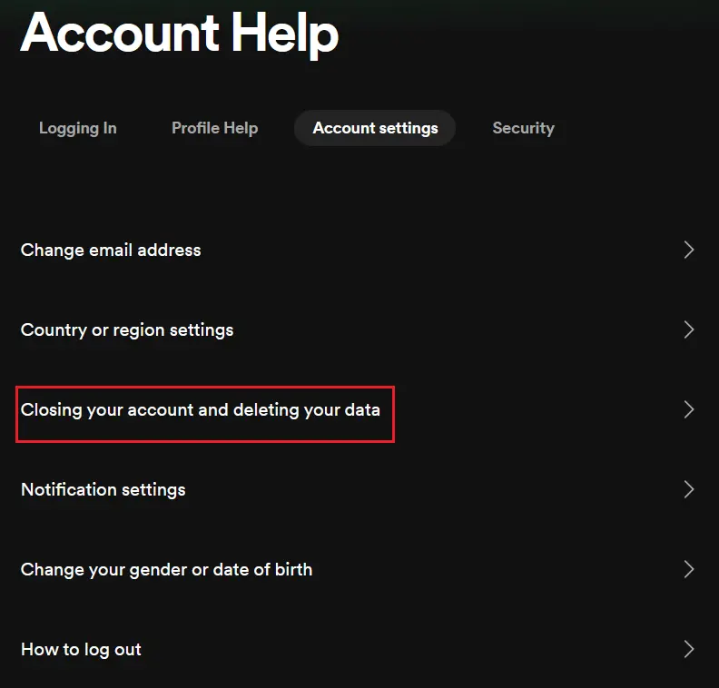 Delete Spotify account: ‘Account Help’ tab Image: Delete Spotify account: ‘Account Help’ tab