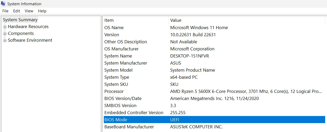 Image: BIOS mode in the Windows 11 system overview