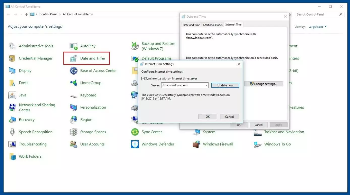 Image: Windows Control Panel and the “Date and Time” menu