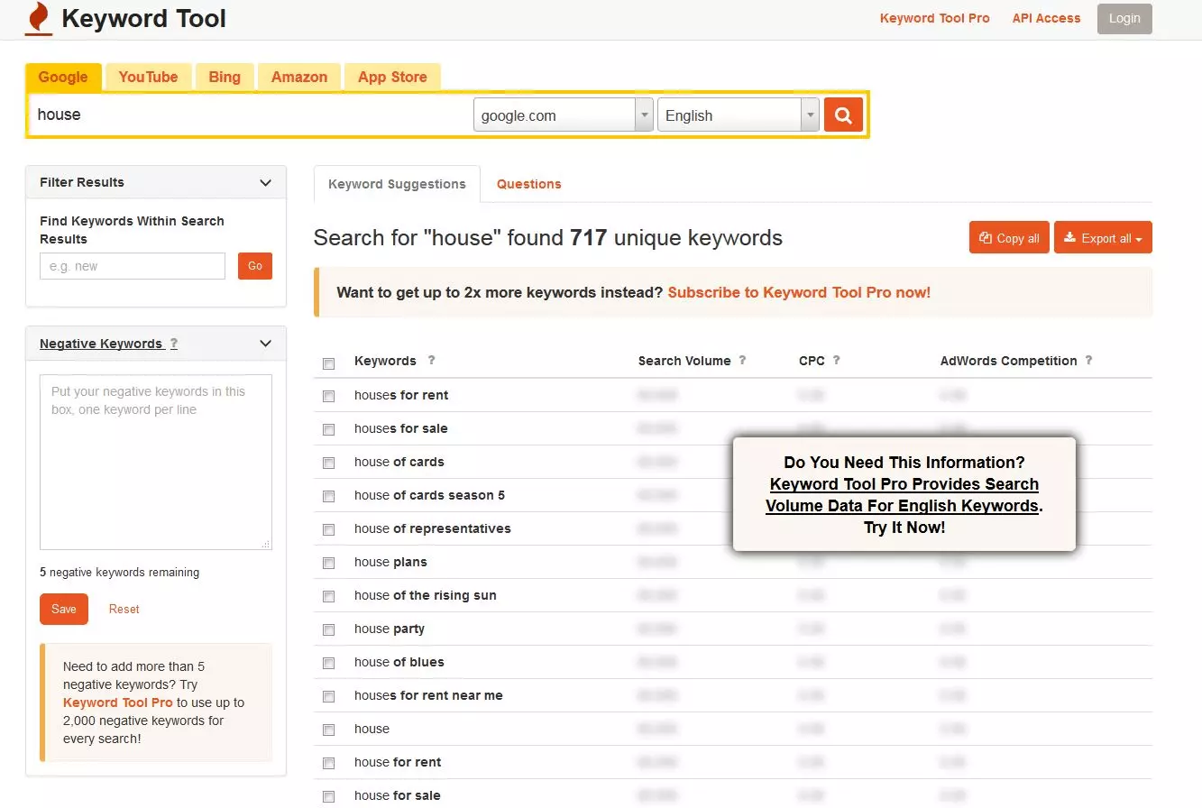 Image: KeywordTool.io: search results for the term 'house'