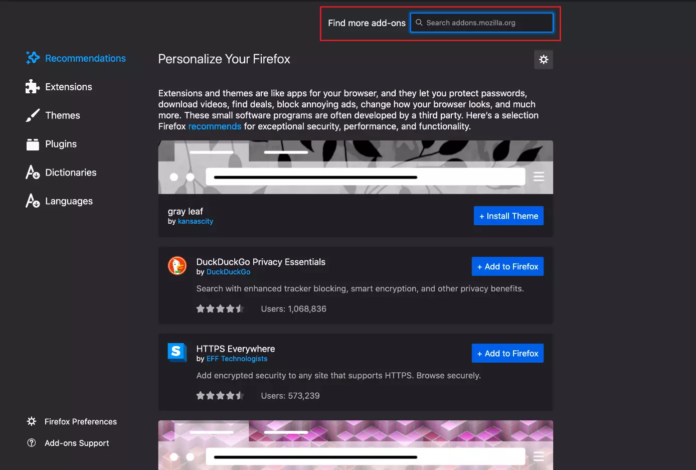 Image: Search for add-ons in the Firefox add-ons manager