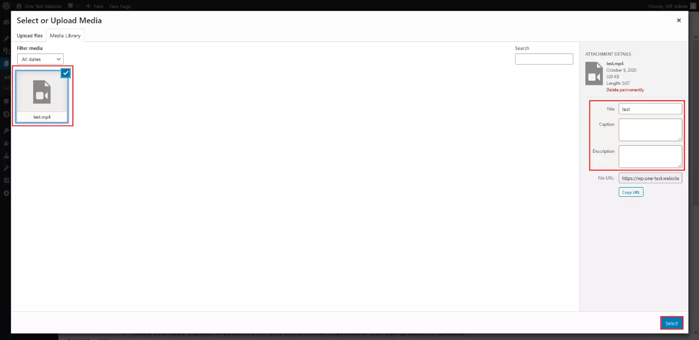 Image: WordPress dialogue ‘Select or Upload Media’