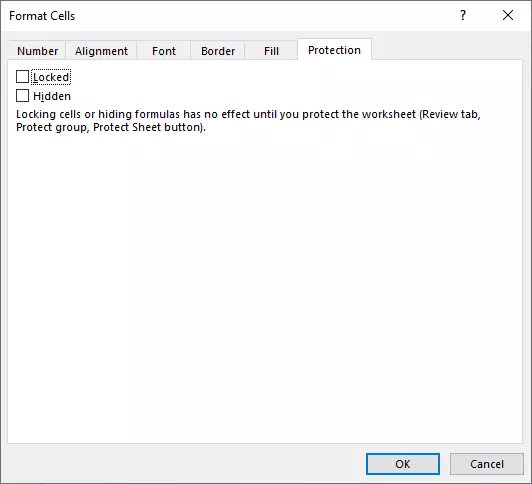 ‘Format Cells’ menu, ‘Protection’