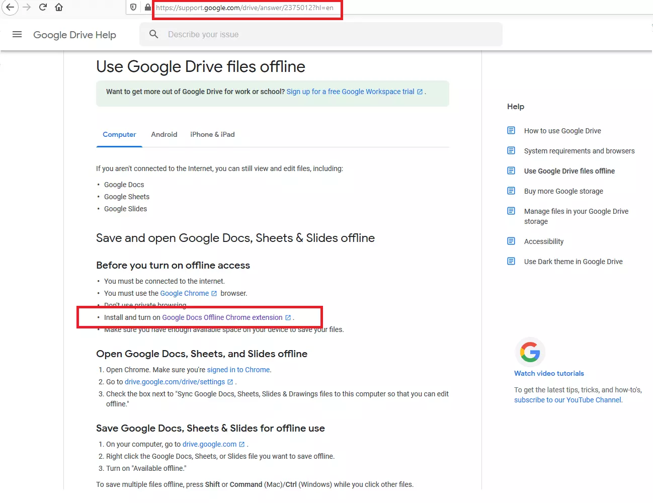 Image: Google Drive Help page about ‘Use Google Drive files offline’