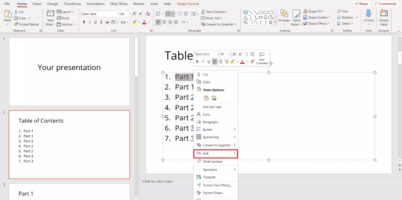 Image: Linking a PowerPoint table of contents: creating links
