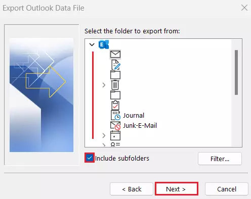 Outlook Import and Export Wizard: Choice of folder for export Outlook Import and Export Wizard: Choice of folder for export