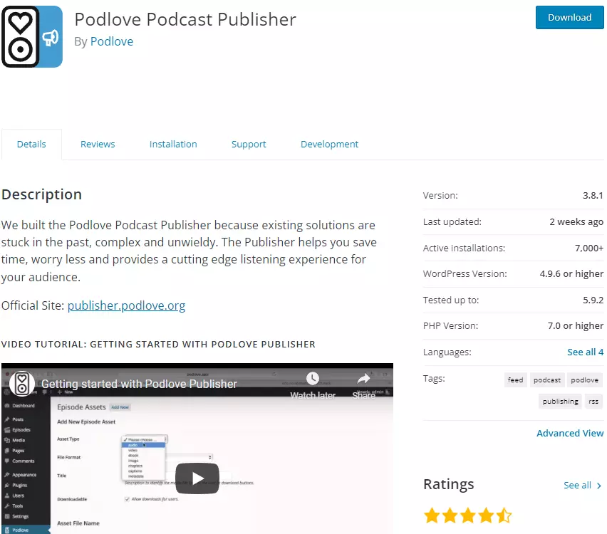 Image: Screenshot of Podlove Podcast plugin on WordPress