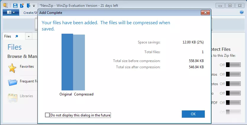Image: A WinZip window that displays the file size before and after compression