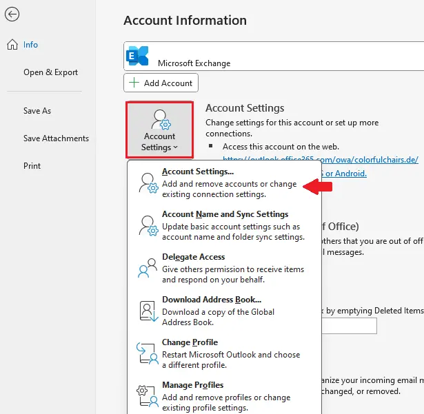 Image: Outlook change sender: open Account Settings