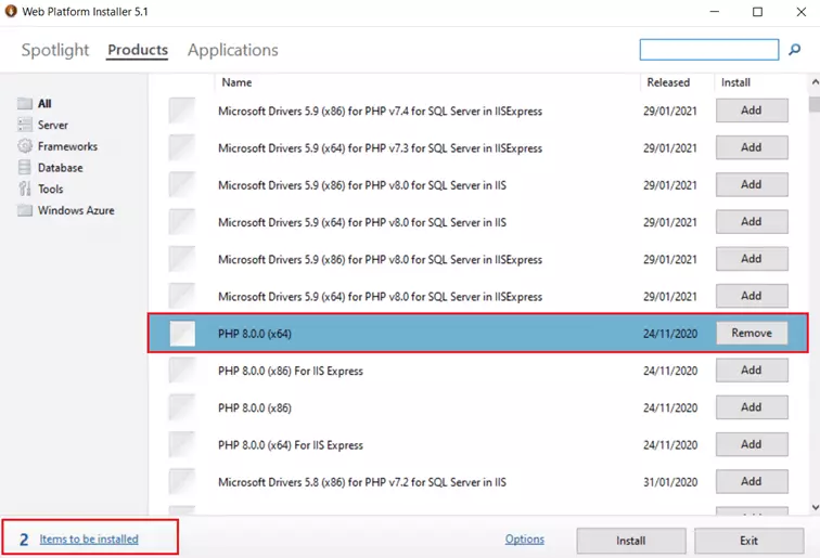 Image: Screenshot of ‘Products’ tab in the Microsoft Web Platform Installer with ‘Install’ option
