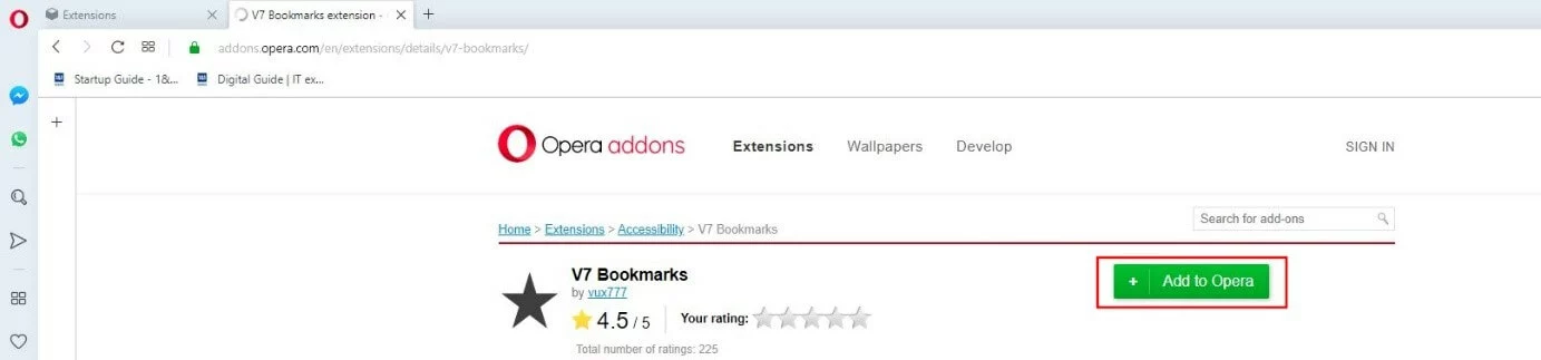 Image: Opera V7 Bookmarks add-on in the extensions manager