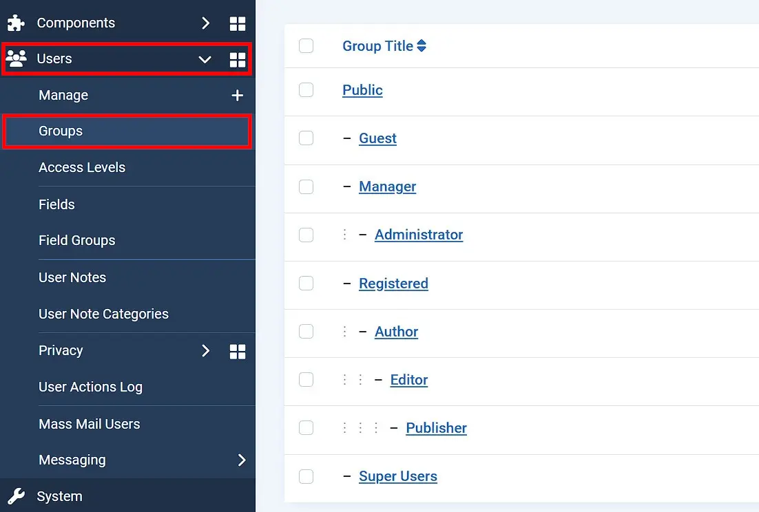 Predefined user groups in Joomla Image: Predefined user groups in Joomla