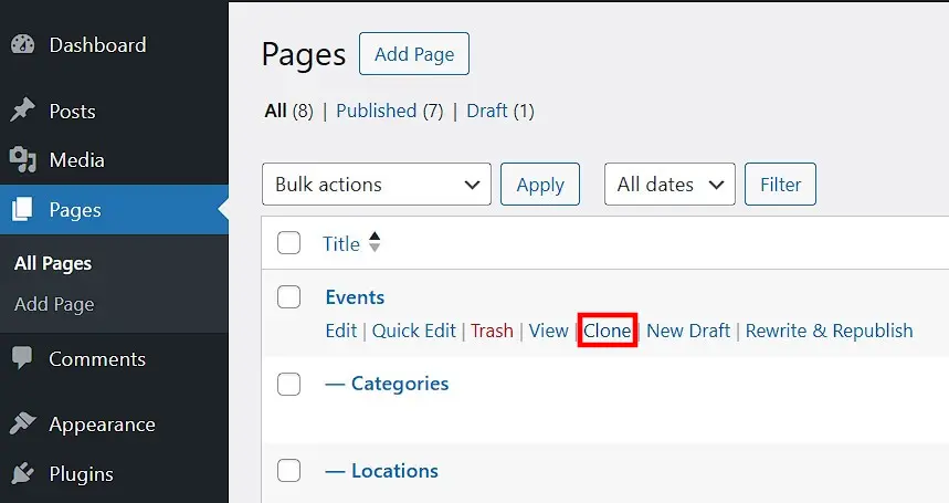 Image: WordPress Backend: Yoast &lsquo;Clone&rsquo; button