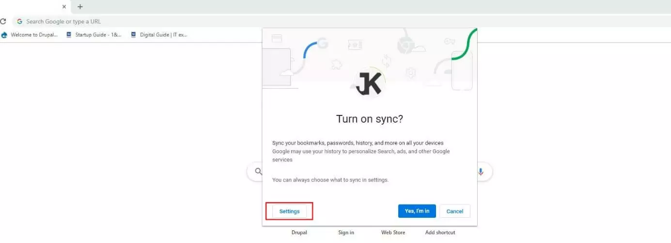 Image: Chrome sign-in dialog “Turn on sync?”