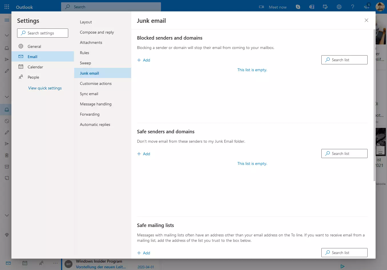Image: Junk email settings in Outlook.com