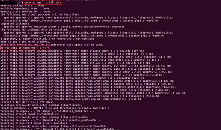 Image: Screenshot of Ubuntu terminal after entering the installation command for PHP