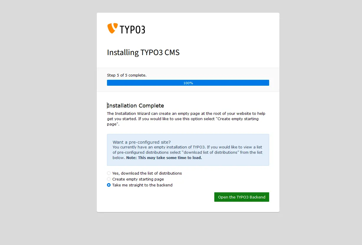 TYPO3 installation completed Image: TYPO3 installation completed
