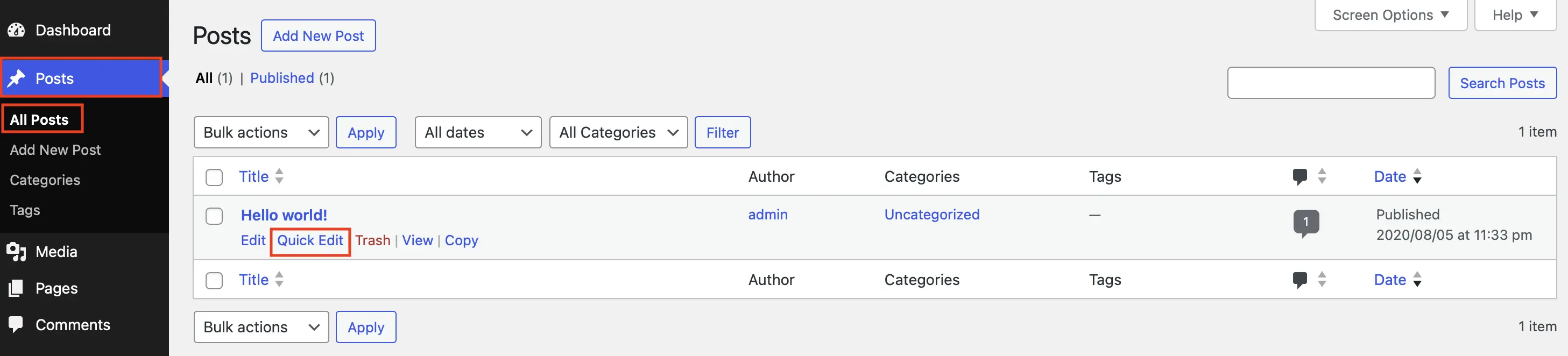 ‘All Posts’ page in the WordPress backend with the ‘Quick Edit’ button are highlighted Image: ‘All Posts’ page in the WordPress backend with the ‘Quick Edit’ button are highlighted