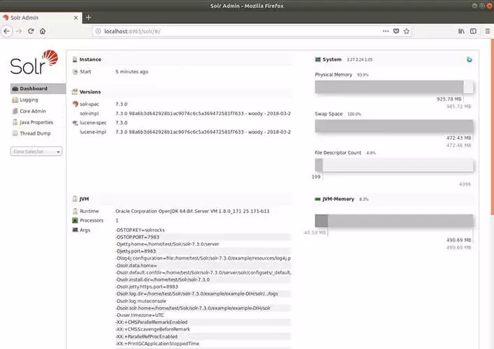 Image: Solr web app overview page with physical memory, swap space, file index counter, and JVM memory details