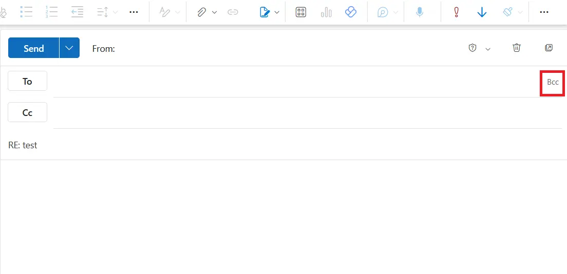 Image: Outlook online version: The BCC button in the Message tab