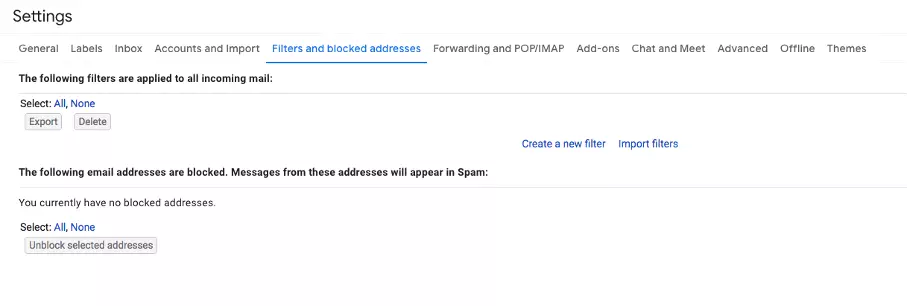 Image: Screenshot of the Gmail filter settings
