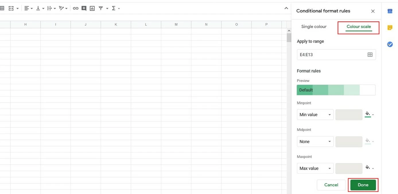 Image: Google Sheets: Menu to format colour scale